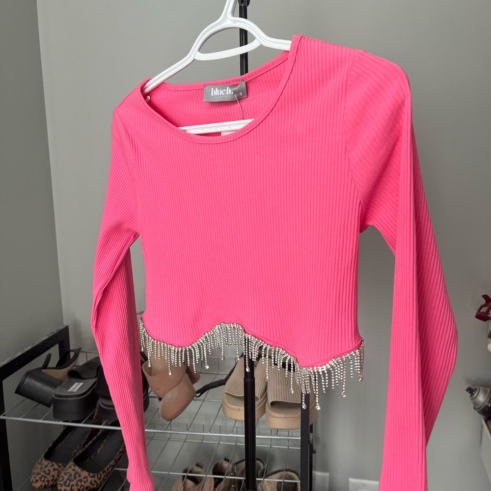 Pink Long Sleeve Crop Top with Rhinestone Hem